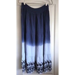 VTG Studio West Blue Ombre Eyelet Embroidered Smock Tier Maxi Broom Skirt Sz XL